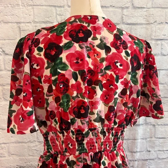 Romantic Floral Mini Dress Red & Pink Roses Empire Waist Low Cut Deep V-Neck - Picture 12 of 15